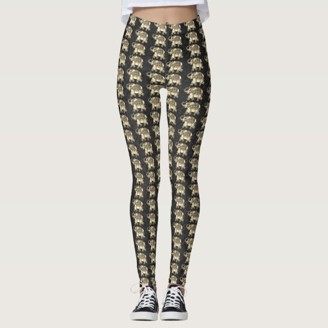 Leggings Elefantes Florales Elegantes De Paisley De Oro, Da (Anverso)