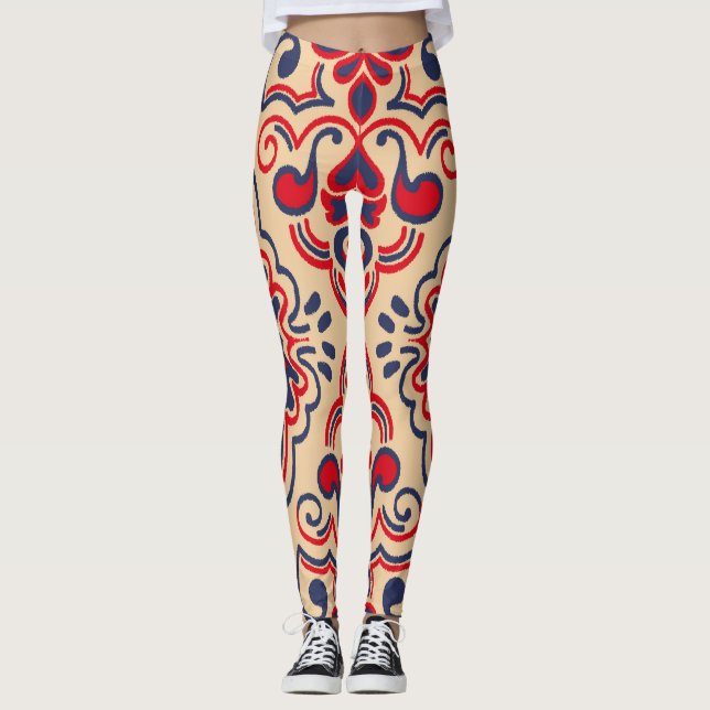 Leggings Elegancia bordada: Patrón de tela de Ikat (Anverso)