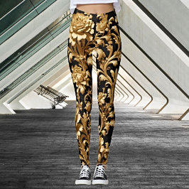 Leggings Elegancia de abrazo: floral de oro y negro