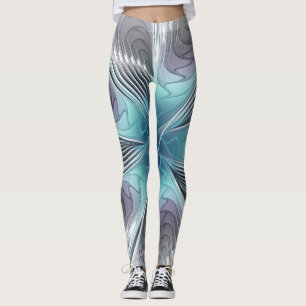 Leggings Elegancia Flor de Arte Fractal Blanco Gris Azul