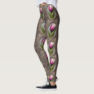 Leggings Elegancia Fluyente: Tulipán Rosa en Diseño Art Nou