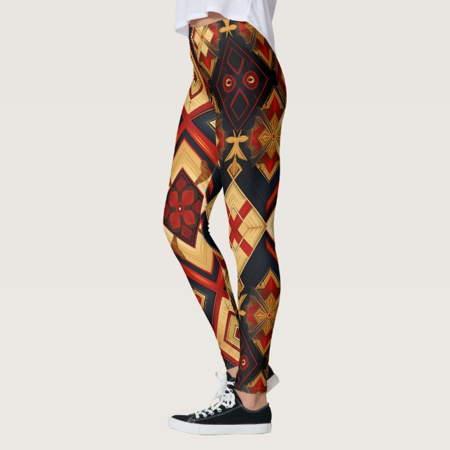Leggings Elegancia geométrica Patrón sin foco Oro Rojo Negr (Izquierda)