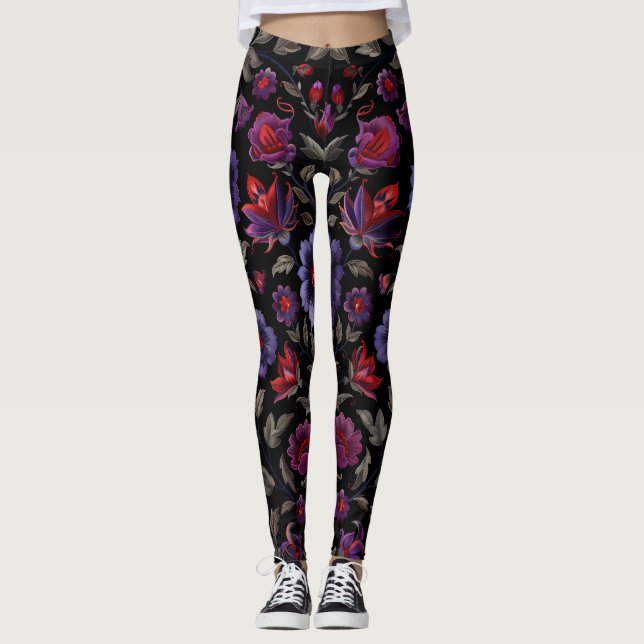 Leggings Elegancia oscura: Patrón floral negro y púrpura (Anverso)