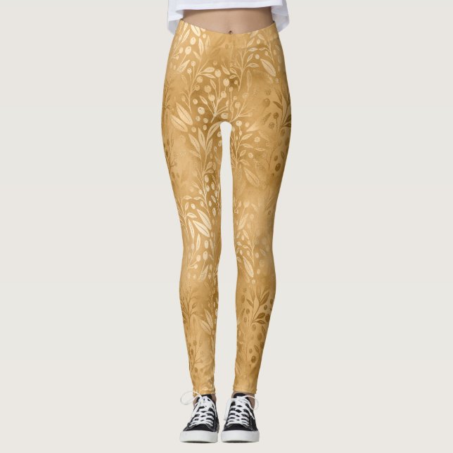 Leggings Elegancia simple Patrón de follaje dorado Elegante (Anverso)