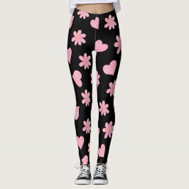 Leggings Elegant black and pink flowers cute hearts