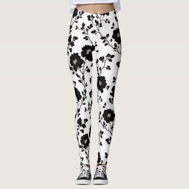 Leggings Elegant Black And White Floral Silhouette Botanica (Anverso)