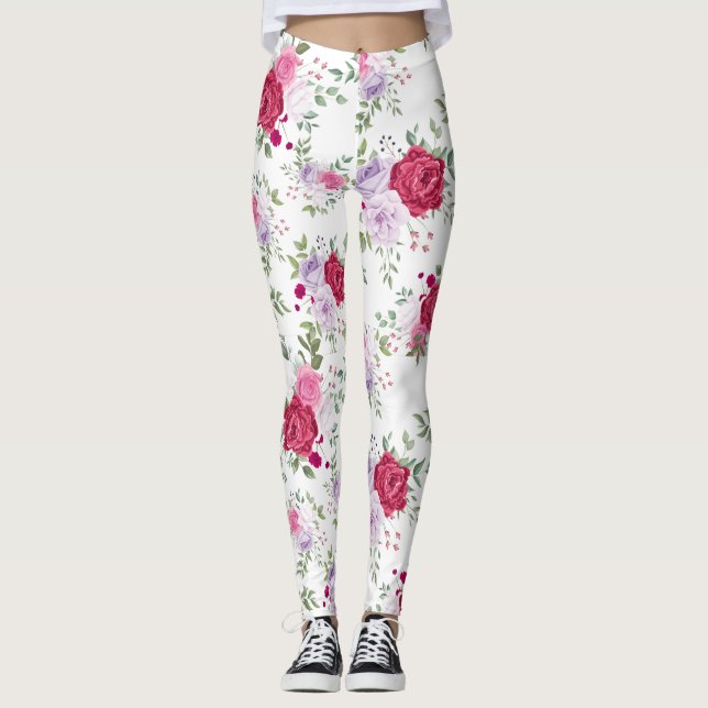 Leggings Elegant Burgundy & Lavender Floral Garden Pattern (Anverso)