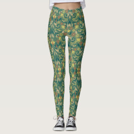Leggings Elegant Floral Pattern in Yellow and Red on Green