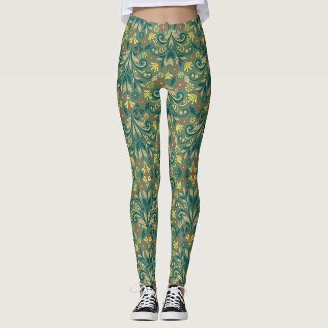 Leggings Elegant Floral Pattern in Yellow and Red on Green (Anverso)