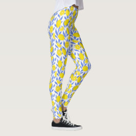 Leggings Elegant French Country Lemon Blue Botanical