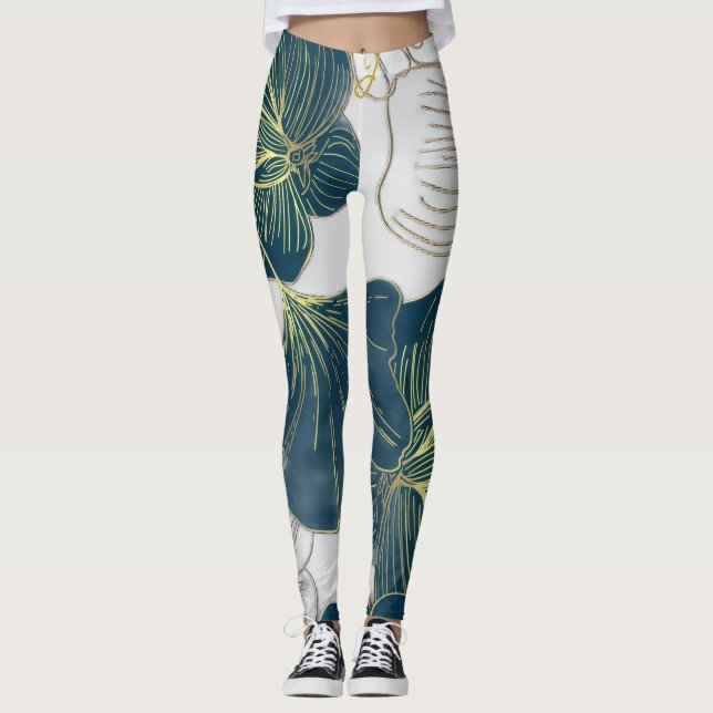 Leggings Elegant Leaves of Blue With Gold Lines Botanical (Anverso)