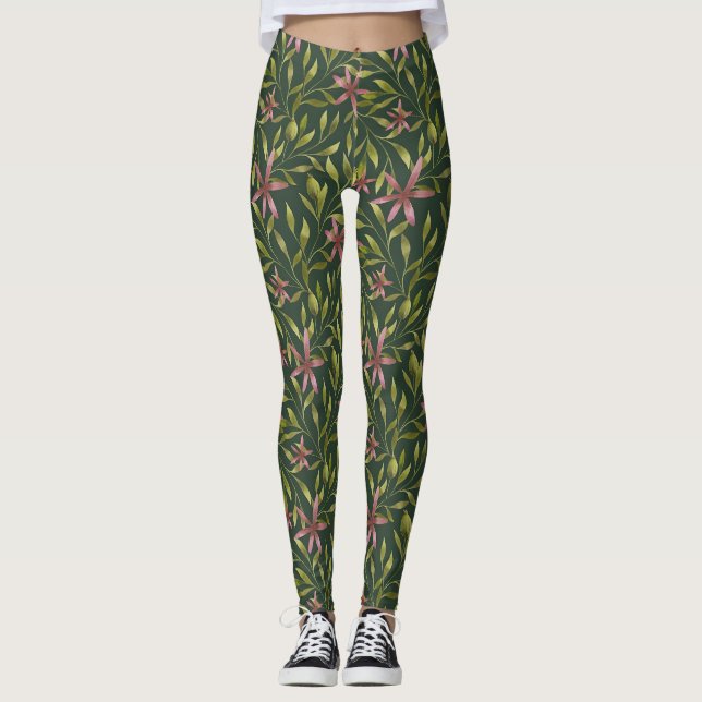 Leggings Elegant Pink Flower Pattern on Dark Background (Anverso)