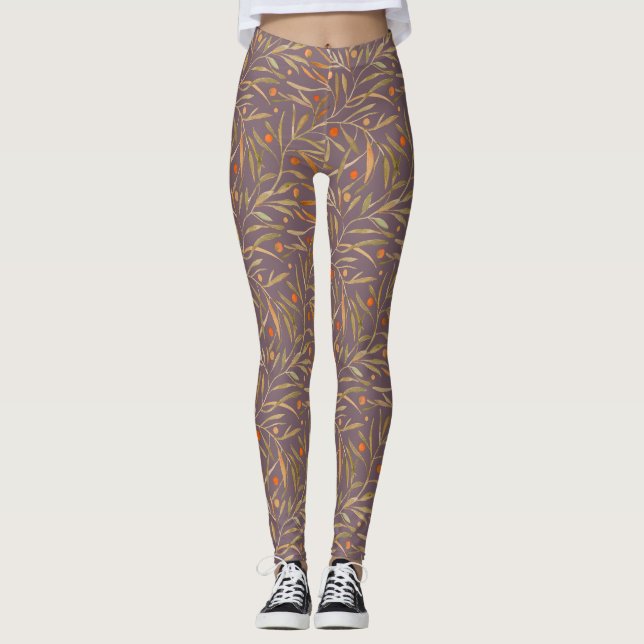 Leggings Elegant Watercolor Leaf Pattern  Purple Background (Anverso)