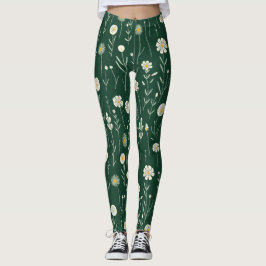 Leggings Elegant Wildflower Pattern on Dark Green 