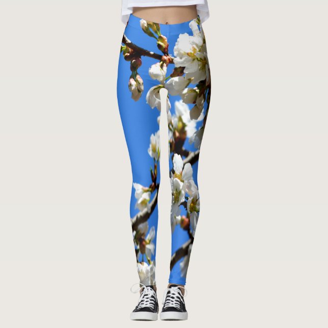 Leggings Elegante árbol de floración de primavera blanca (Anverso)