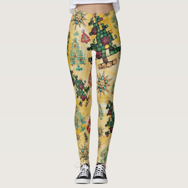 Leggings Elegante árbol de Navidad Jewel Bling Yellow (Anverso)