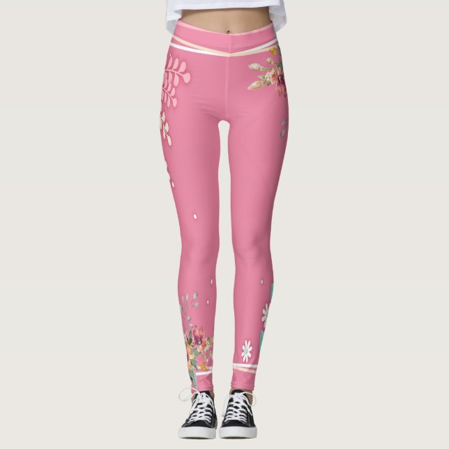 Leggings Elegante arte floral rosa rosa pastel de tono suav (Anverso)