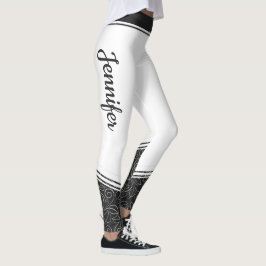 Leggings Elegante blanco con flores negras y nombre moderno