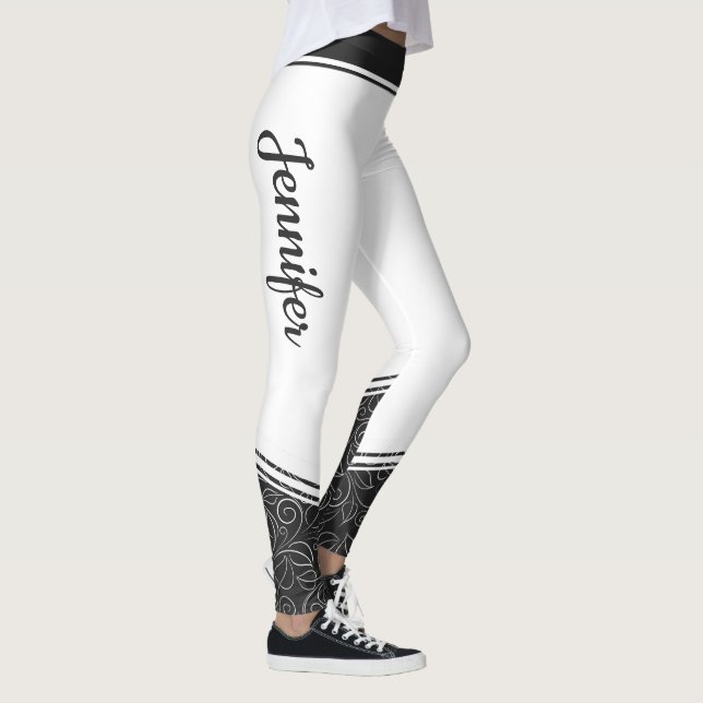 Leggings Elegante blanco con flores negras y nombre moderno (Derecha)
