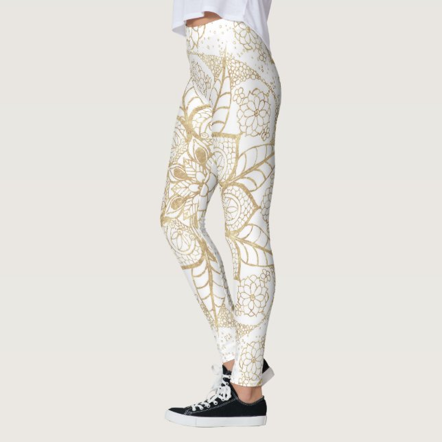Leggings Elegante Boho White Gold Mandala Floral (Izquierda)