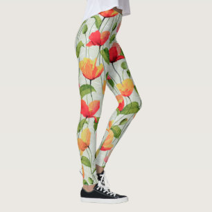 Leggings Elegante color de agua rosa rojo y flores amarilla