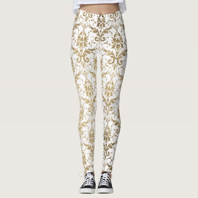 Leggings Elegante damasco floral de imitación blanca de oro (Anverso)