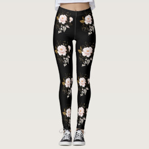 Leggings Elegante Delicado Patrón negro de flores de oro ro