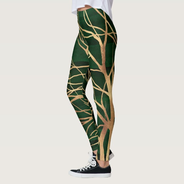 Leggings Elegante Dibujo de Oro Verde Otoño Otoño (Izquierda)