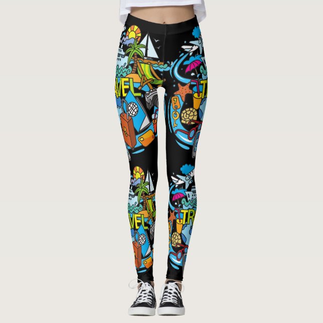Leggings Elegante dibujo personalizado Viajando Negro Moder (Anverso)