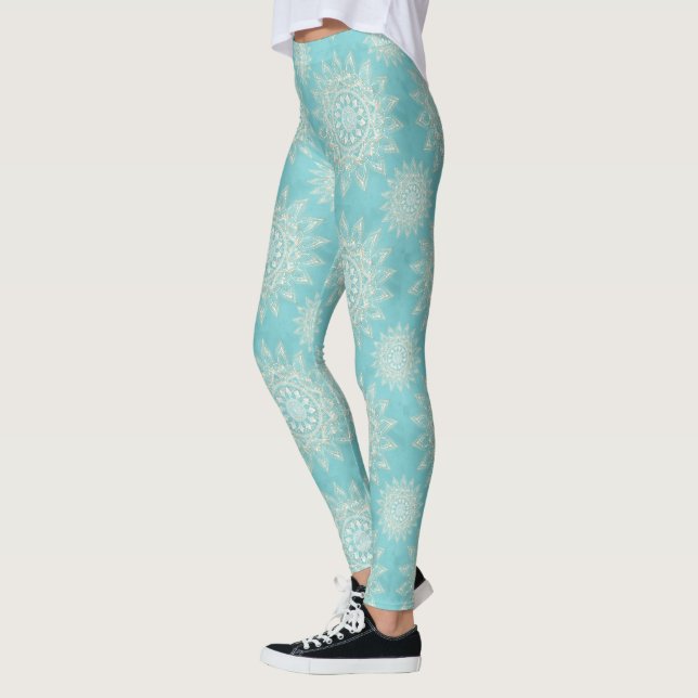 Leggings Elegante diseño azul cielo de Mandala dorado blanc (Izquierda)