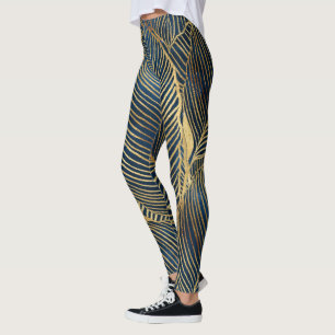 Leggings Elegante diseño de hoja de oro azul