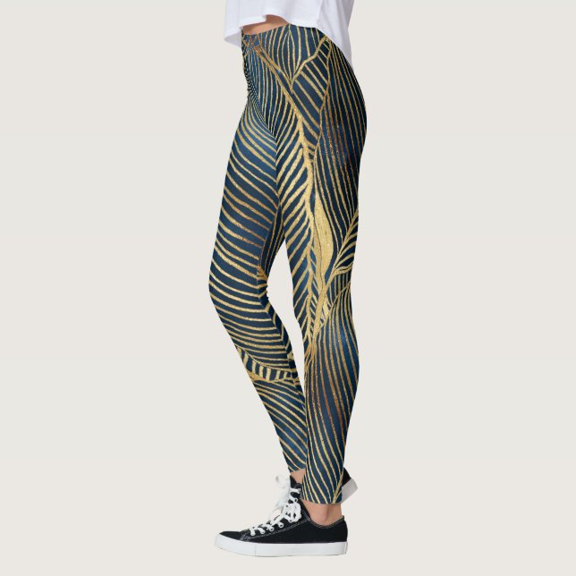 Leggings Elegante diseño de hoja de oro azul (Izquierda)