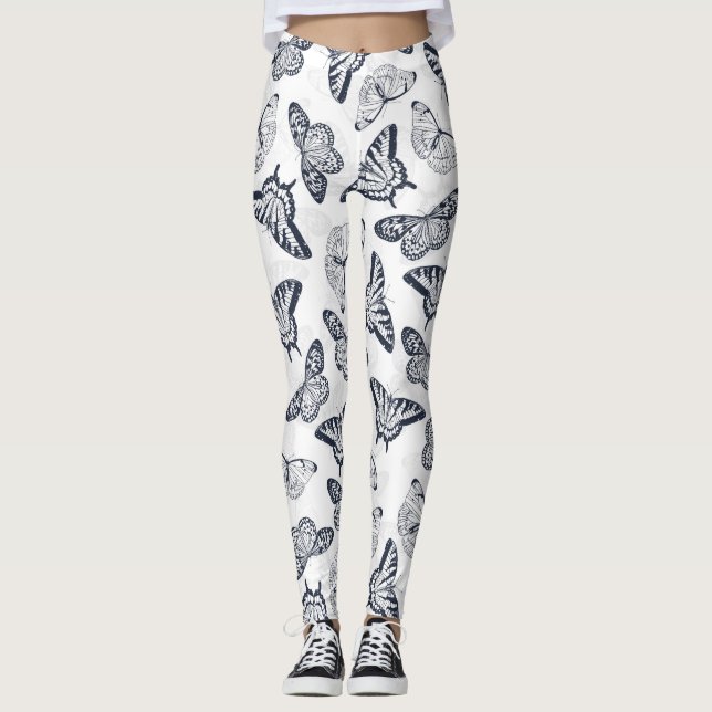 Leggings Elegante diseño de mariposa blanca negra (Anverso)