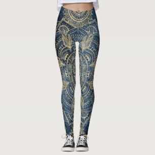 Leggings Elegante diseño dorado Mandala azul brillante