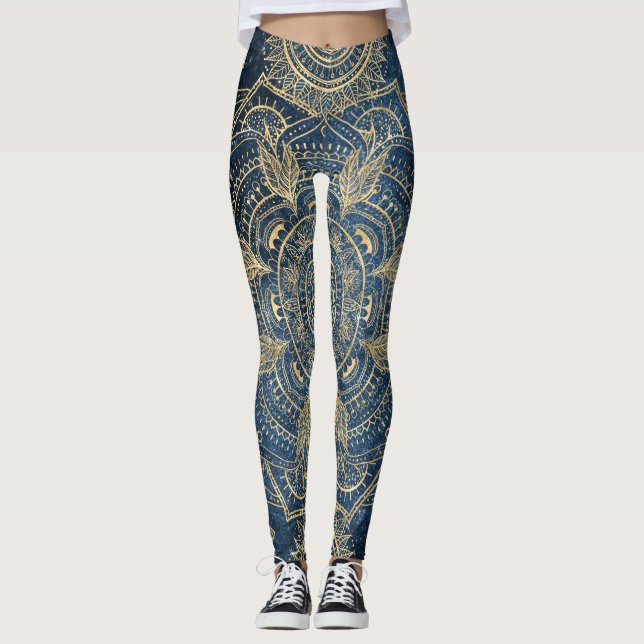 Leggings Elegante diseño dorado Mandala azul brillante (Anverso)
