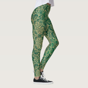 Leggings Elegante Dorado Floral Mandala Diseño Verde