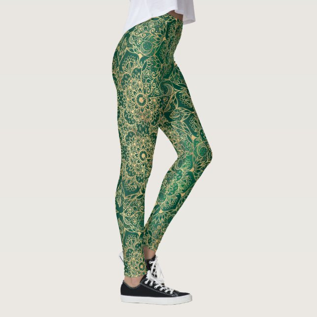 Leggings Elegante Dorado Floral Mandala Diseño Verde (Derecha)