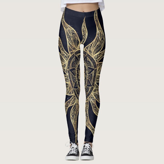 Leggings Elegante Dorado Sun Mandala Blue Nebula Diseño (Anverso)