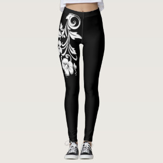 Leggings Elegante filigree floral Moderno negro y blanco