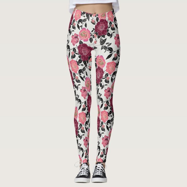 Leggings Elegante flor marrón rosa borgoña Rosa (Anverso)