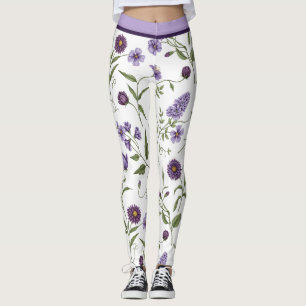 Leggings Elegante Floral Botánico Púrpura con Cintura Alta