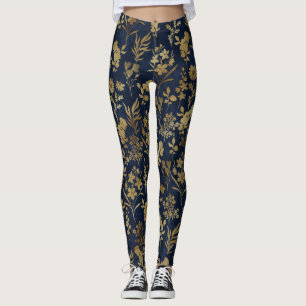 Leggings Elegante Flores de Oro Azul Botánico