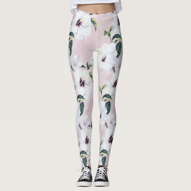 Leggings Elegante hibiscus blanco sobre fondo rosa suave (Anverso)