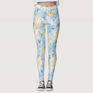 Leggings Elegante hoja azul y dorada de inspiración paisley