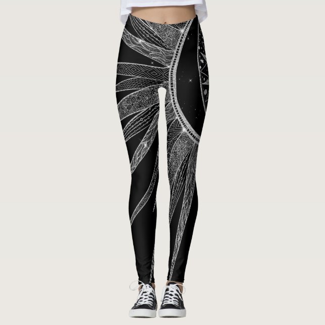 Leggings Elegante luna de sol plateado Mandala Diseño negro (Anverso)