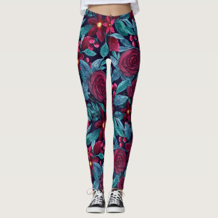 Leggings Elegante Marina Borgoña Navidades acuarela floral