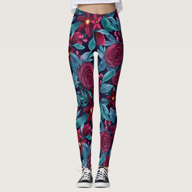 Leggings Elegante Marina Borgoña Navidades acuarela floral (Anverso)