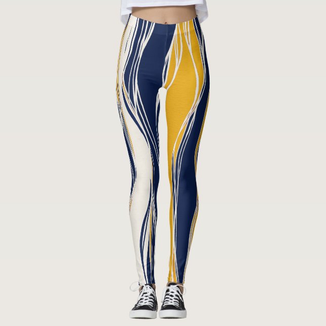 Leggings Elegante, moderno, líneas, azul marino y amarillo (Anverso)