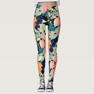 Leggings Elegante Naranja rosa azul Flores florales negras