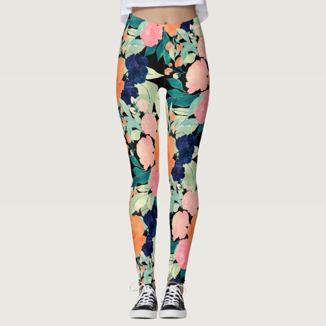 Leggings Elegante Naranja rosa azul Flores florales negras (Anverso)